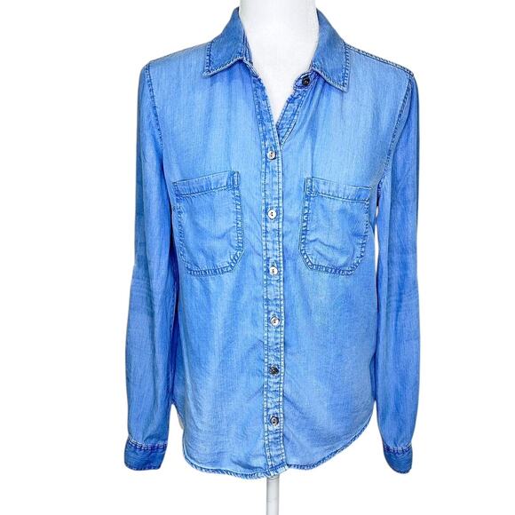 Liverpool 100% Lyocell Chambray Denim Button Down Long Sleeve Button Tab Shirt - Picture 1 of 9